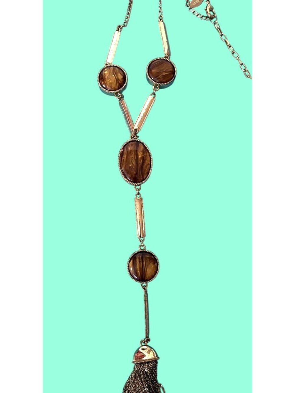 Vintage Chico's Gold-Toned Tassel Necklace With Faux Tortoise and animal print - Picture 7 of 12